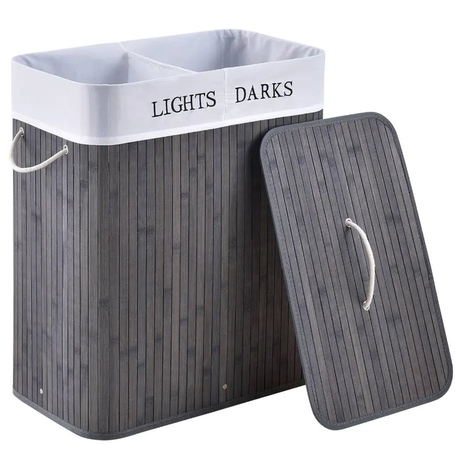 Bamboo Laundry Basket in 2 Compartments - Laundry Hamper with Lid + Relaxio.