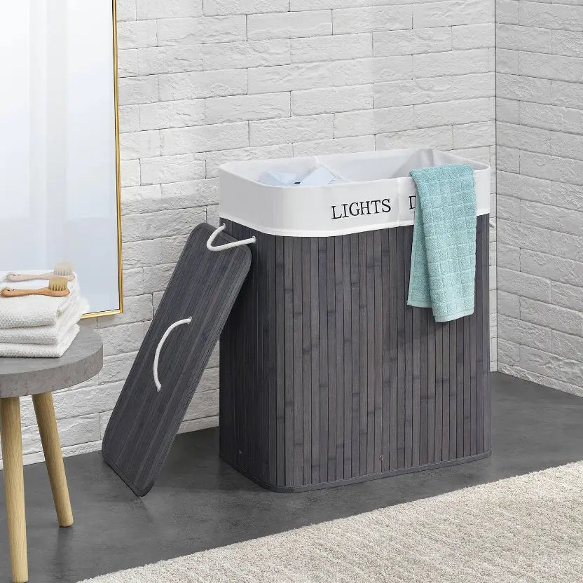 Bamboo Laundry Basket in 2 Compartments - Laundry Hamper with Lid + Relaxio.