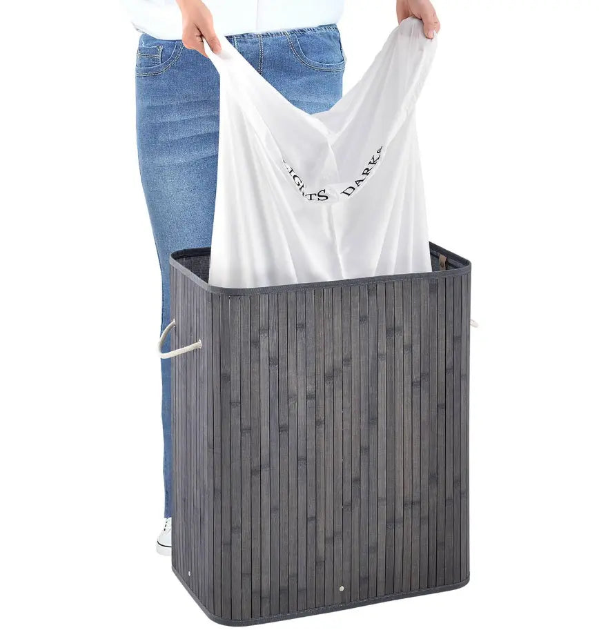 Bamboo Laundry Basket in 2 Compartments - Laundry Hamper with Lid + Relaxio.