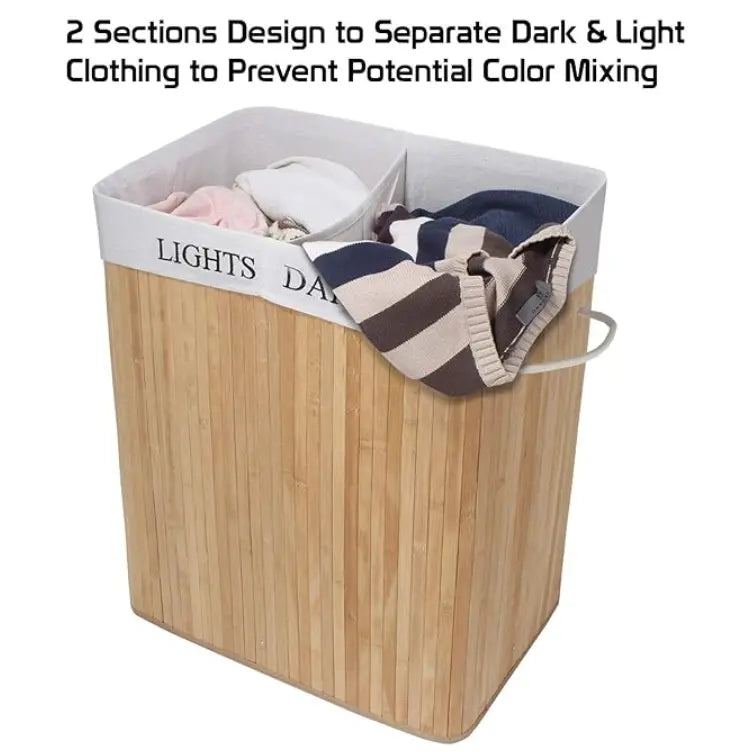 Bamboo Laundry Basket in 2 Compartments - Laundry Hamper with Lid + Relaxio.