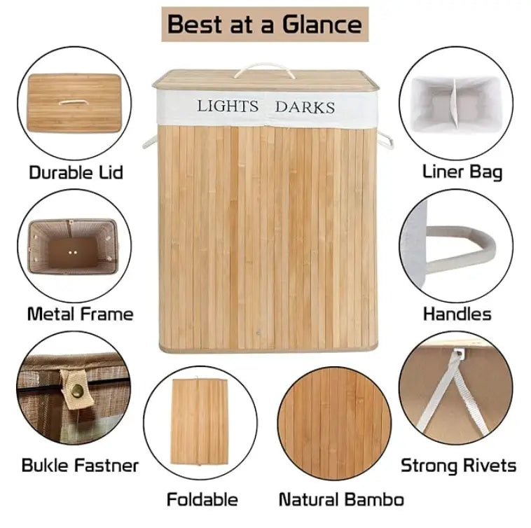 Bamboo Laundry Basket in 2 Compartments - Laundry Hamper with Lid + Relaxio.