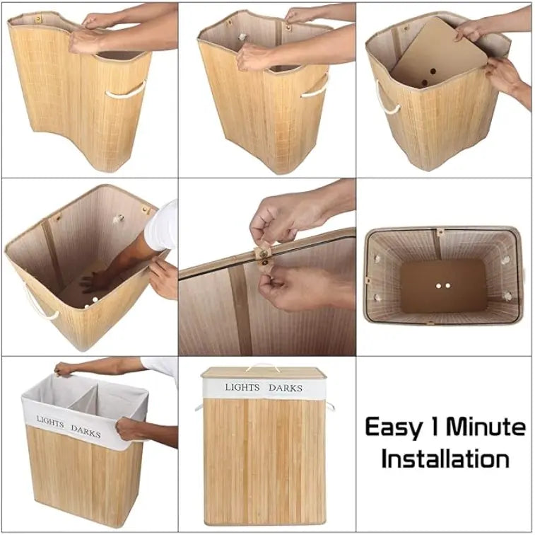 Bamboo Laundry Basket in 2 Compartments - Laundry Hamper with Lid + Relaxio.