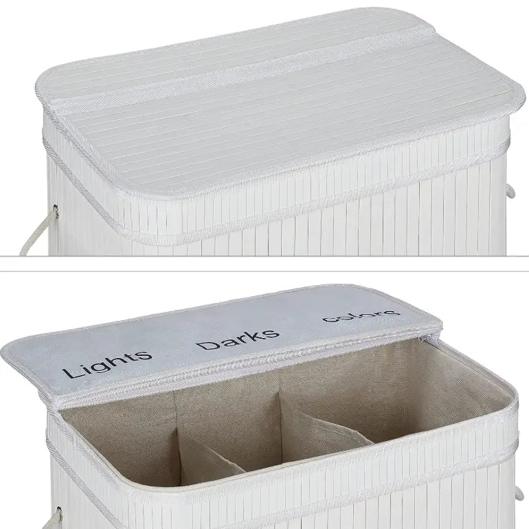 Bamboo Laundry Baket Sorter 3 Compartments with Lid Handle + Relaxio.
