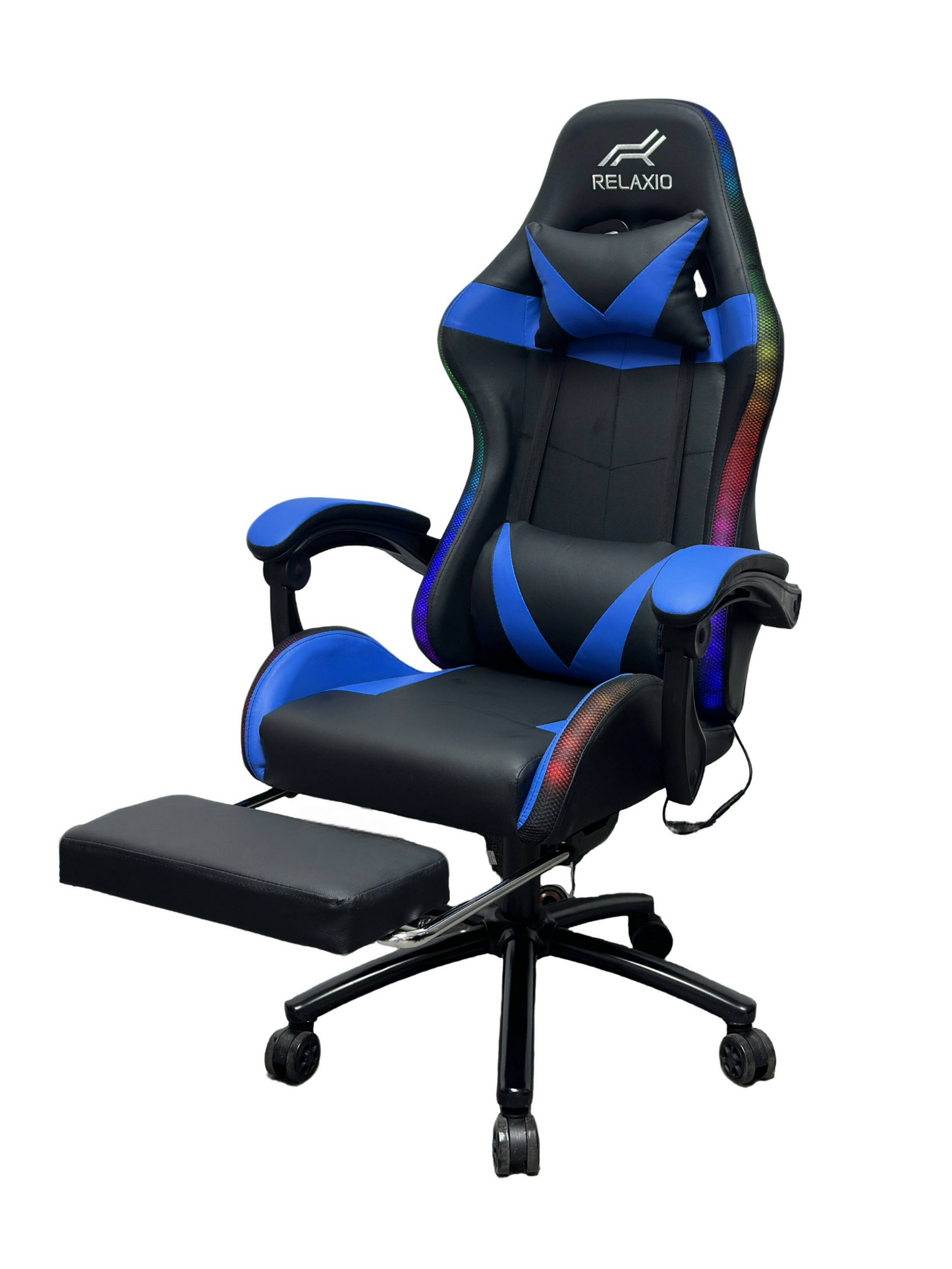 Relaxio RGB Gaming Chair with Headrest Footrest & LED Lights โ Ergonomic Recliner with Lumbar Support Blue Gaming Chairs
