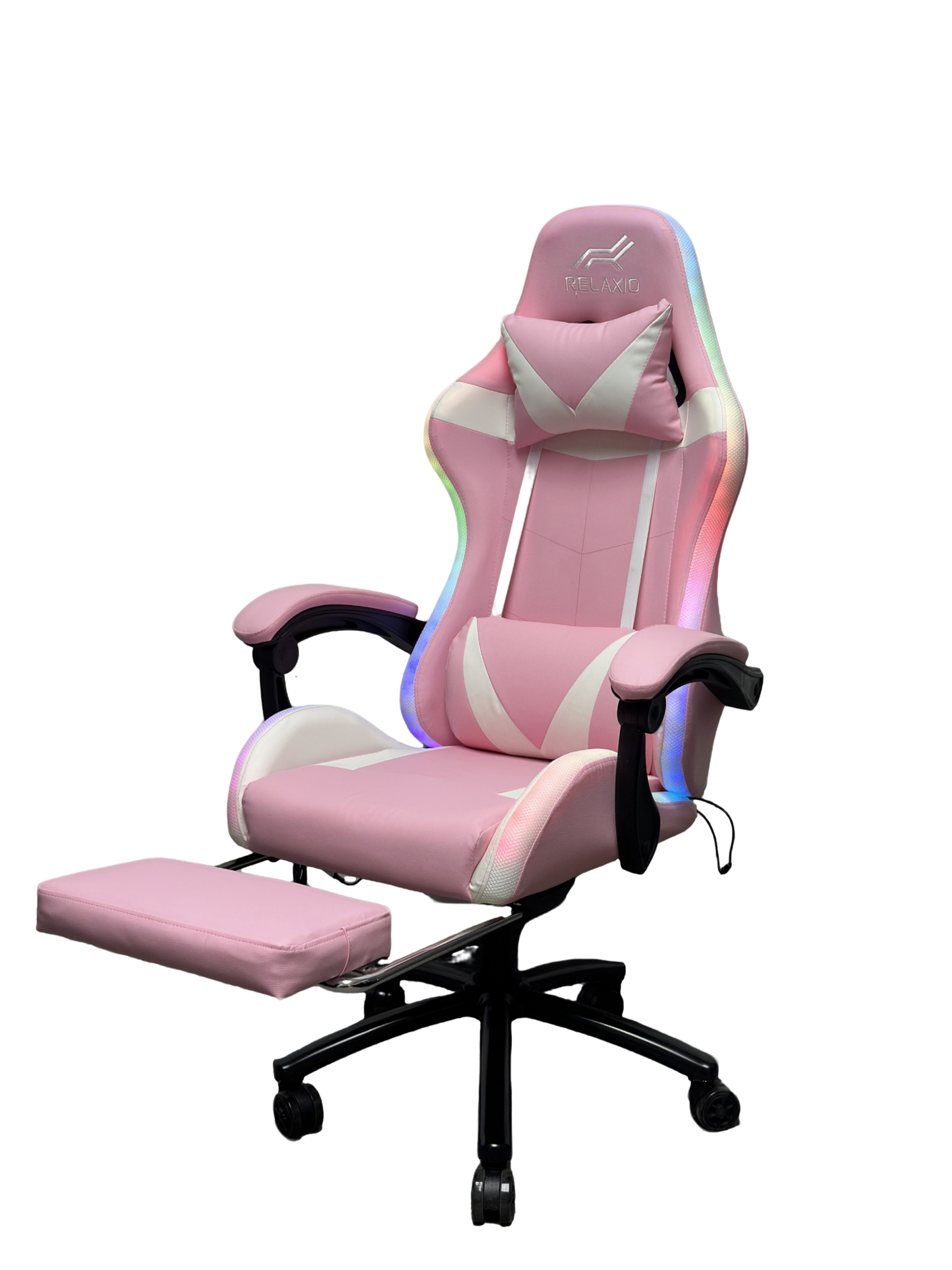 Relaxio RGB Gaming Chair with Headrest Footrest & LED Lights โ Ergonomic Recliner with Lumbar Support Pink Gaming Chairs