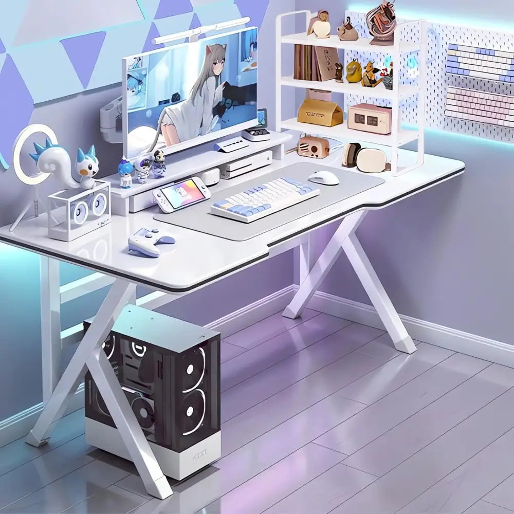 Ergonomic Gaming Desk – 100CM White Computer Table with K-Shaped Frame Computer Desk