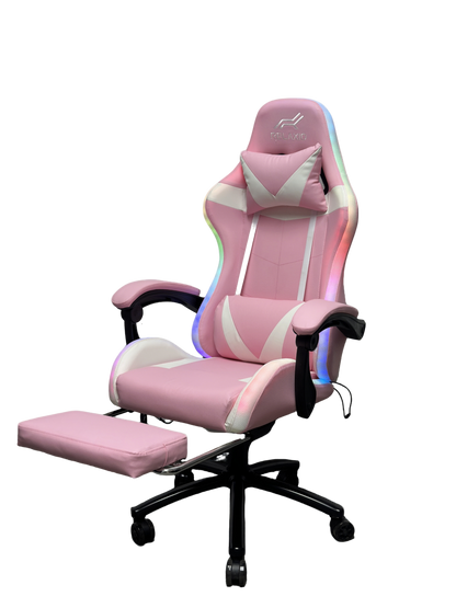 Relaxio RGB Gaming Chair with Headrest Footrest & LED Lights – Ergonomic Recliner with Lumbar Support Pink Gaming Chairs