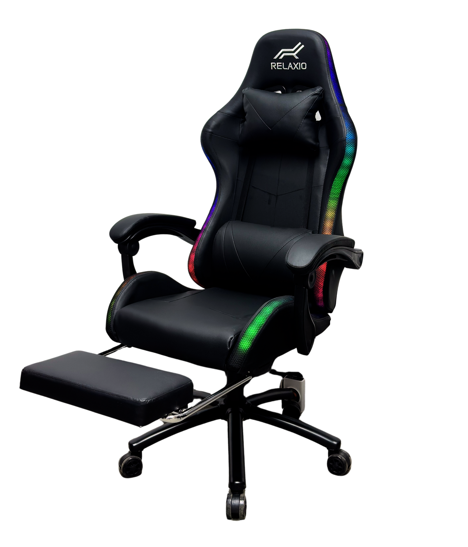 Relaxio RGB Gaming Chair with Headrest Footrest & LED Lights – Ergonomic Recliner with Lumbar Support Black Gaming