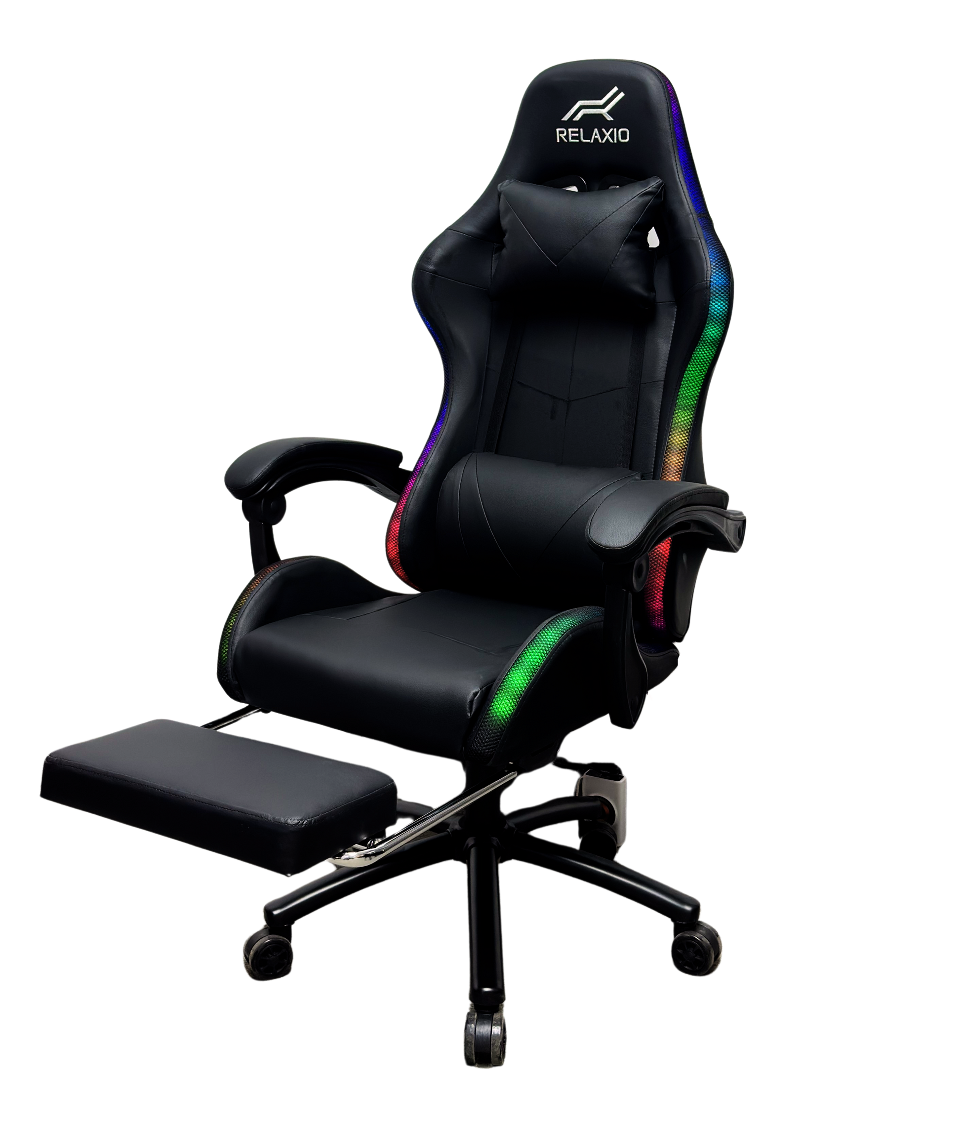 Relaxio RGB Gaming Chair with Headrest Footrest & LED Lights – Ergonomic Recliner with Lumbar Support Black Gaming