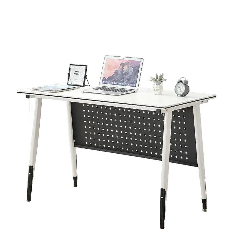 White desk with black mesh backrest and laptop, tablet, and clock on top