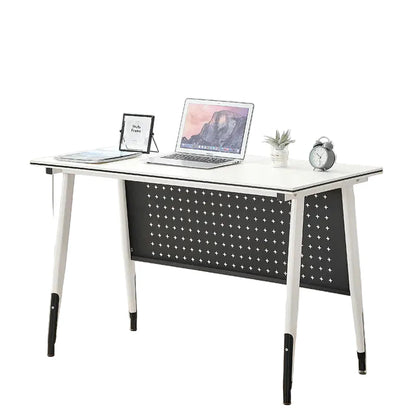 White desk with black mesh backrest and laptop, tablet, and clock on top