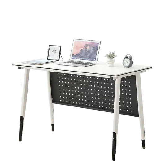 White desk with black mesh backrest and laptop, tablet, and clock on top