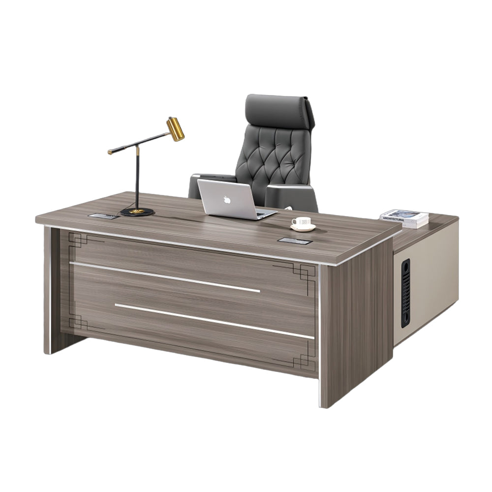 Wooden office desk with chair, lamp, and laptop on a white background