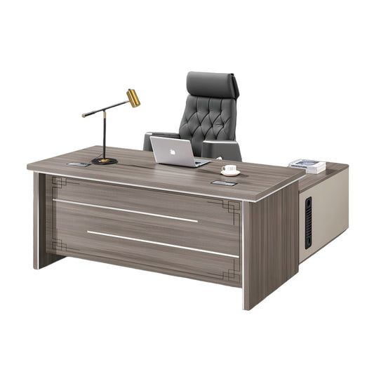 Wooden office desk with chair, lamp, and laptop on a white background