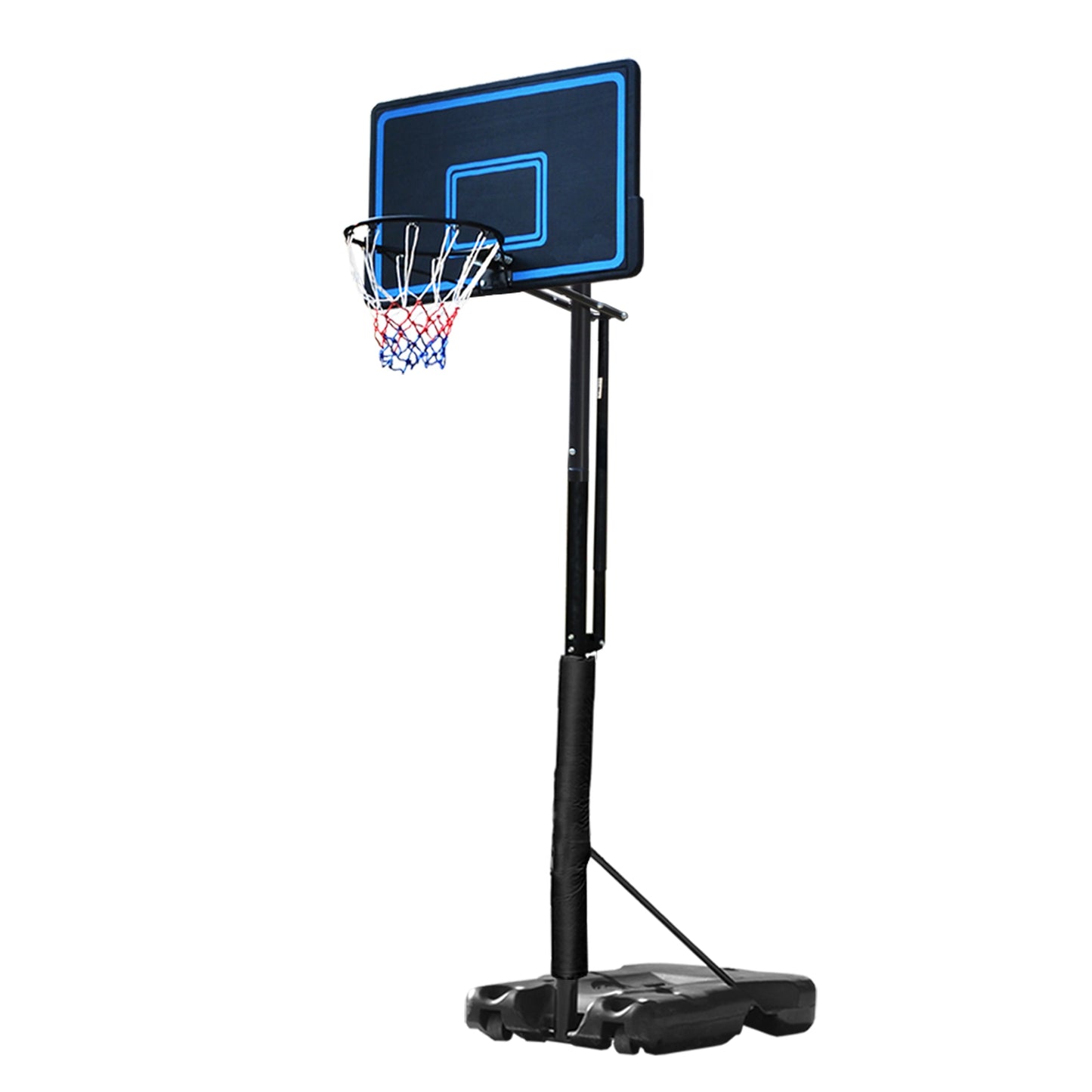 Portable basketball hoop with a blue backboard on a white background