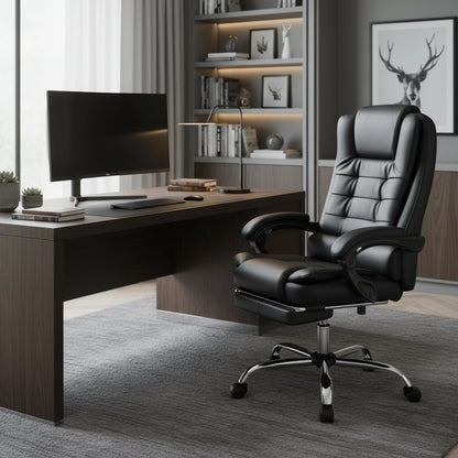 Reclining Leather Office Chair – Executive High Back with Foot Rest & Lumbar Support